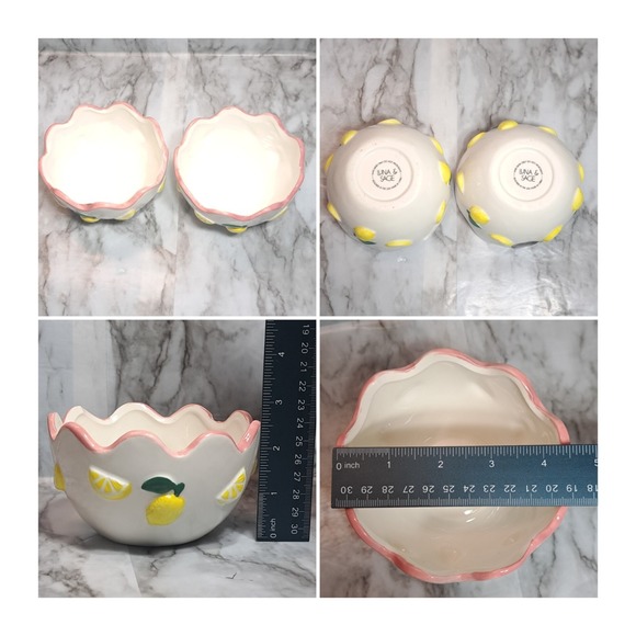 Luna & Sage Set of 2 Lemon Theme Bowls With Pink Scallop Rim Kitchen Dinnerware - Picture 4 of 10